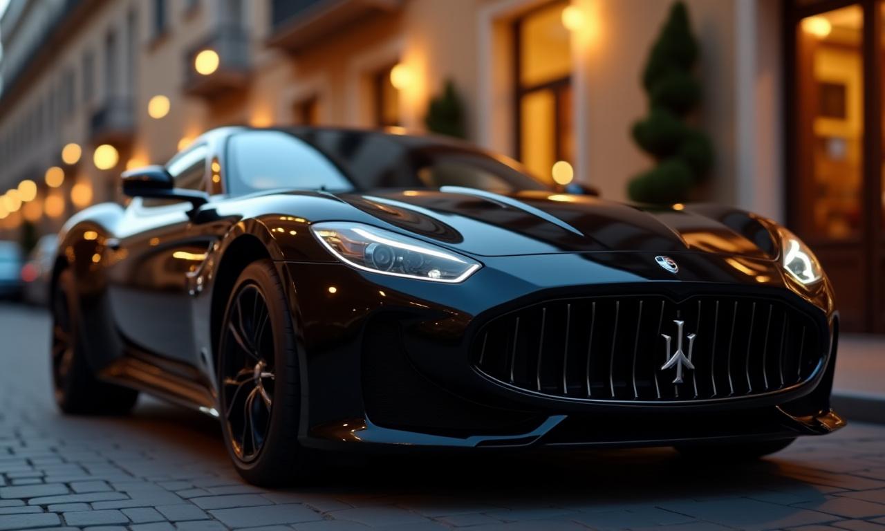 Auto di lusso nera con finitura brillante parcheggiata in una strada elegante di Parma